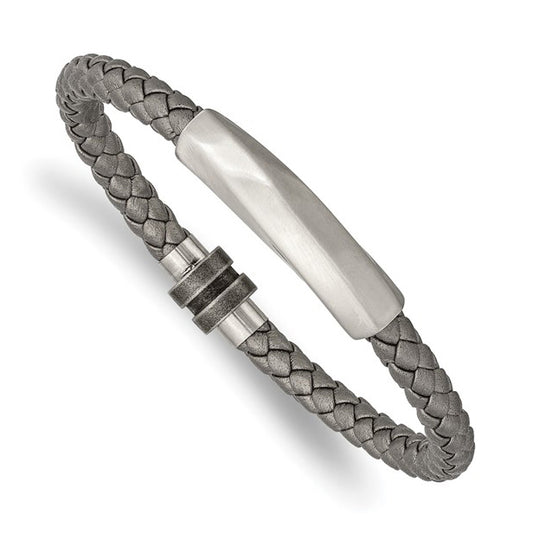 Stainless Steel Antiqued Gray Braided Leather Bracelet