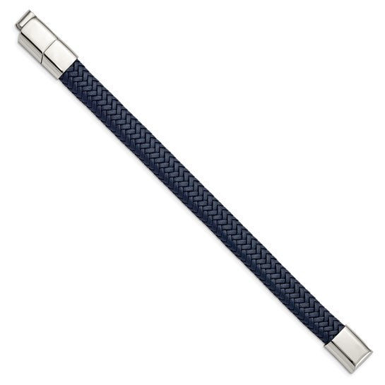 Stainless Steel Polished Navy Blue Braided Leather Men's Bracelet