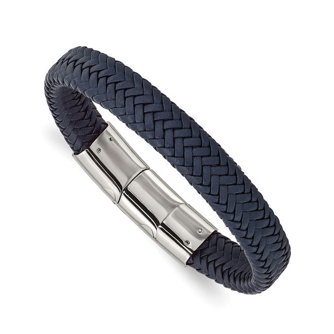 Stainless Steel Polished Navy Blue Braided Leather Men's Bracelet