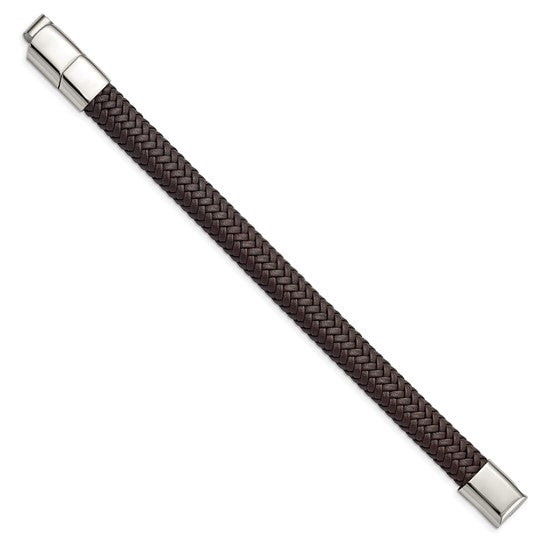 Stainless Steel Polished Dark Brown Leather Braided Bracelet