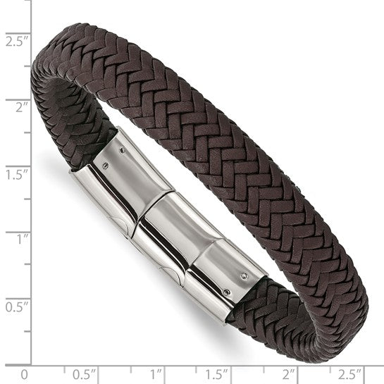 Stainless Steel Polished Dark Brown Leather Braided Bracelet