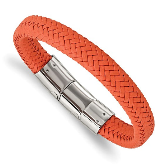Stainless Steel Polished Orange Braided Leather Men's Bracelet