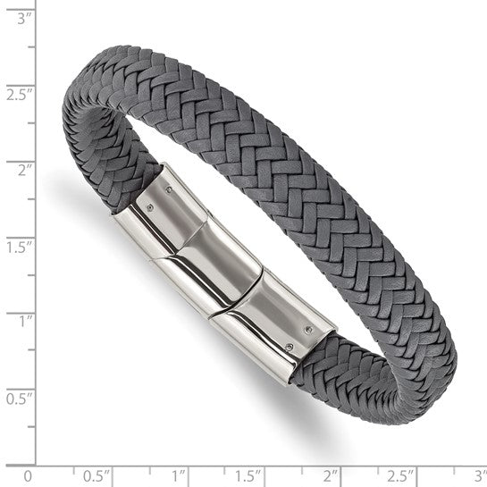 Stainless Steel Polished Gray Braided Leather Men's Bracelet