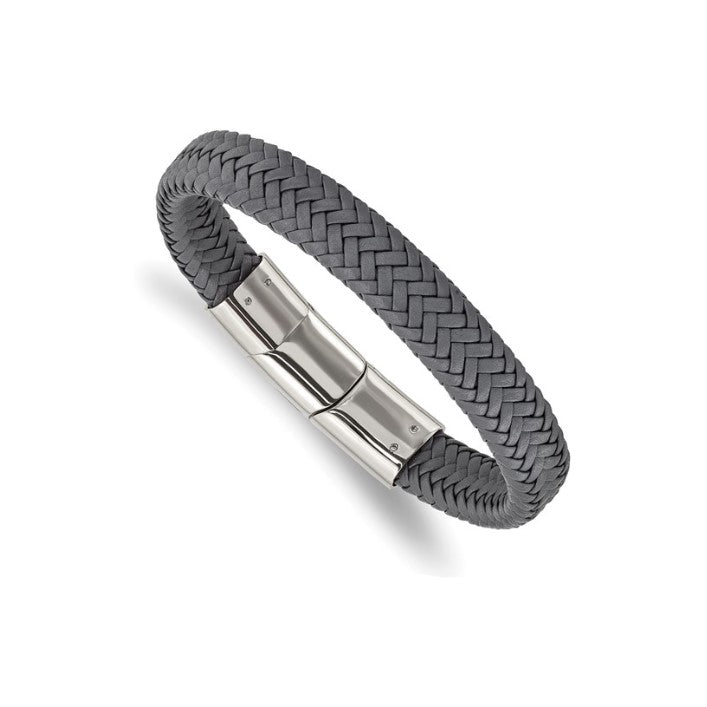 Stainless Steel Polished Gray Braided Leather Men's Bracelet