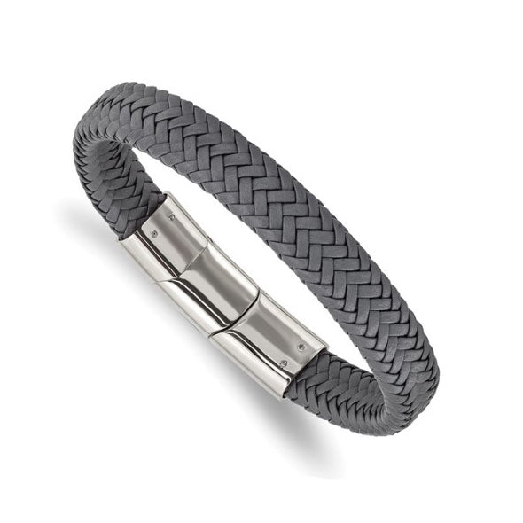 Stainless Steel Polished Gray Braided Leather Men's Bracelet