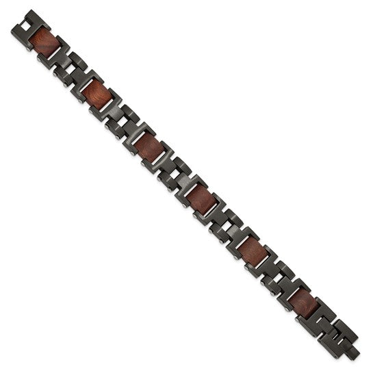 Stainless Steel Black IP-Plated Men's Link Bracelet with Wood Inlay