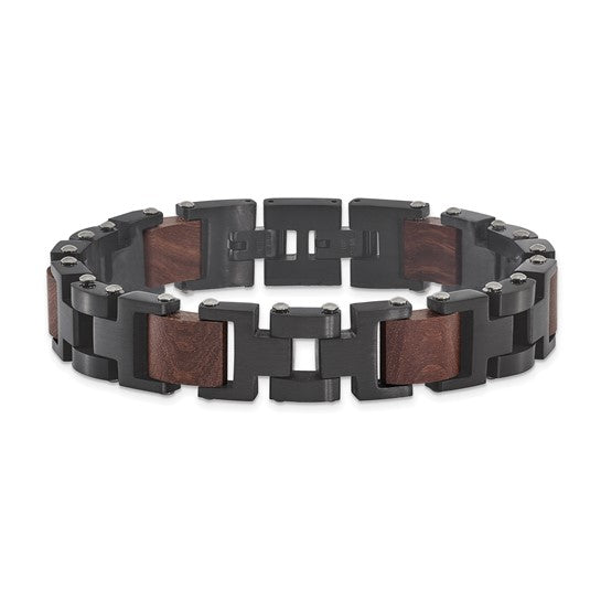Stainless Steel Black IP-Plated Men's Link Bracelet with Wood Inlay