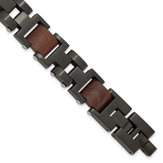 Stainless Steel Black IP-Plated Men's Link Bracelet with Wood Inlay