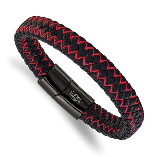 Stainless Steel Polished Black & Red Braided Leather Men's Bracelet