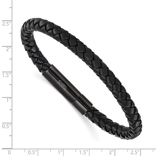 Stainless Steel Black Braided Leather Men's Bracelet