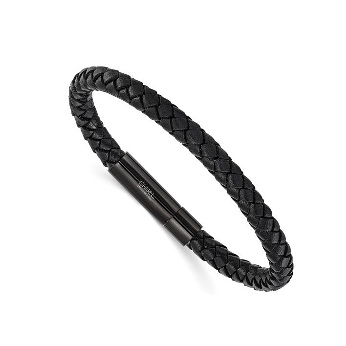 Stainless Steel Black Braided Leather Men's Bracelet