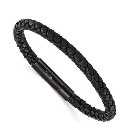 Stainless Steel Black Braided Leather Men's Bracelet