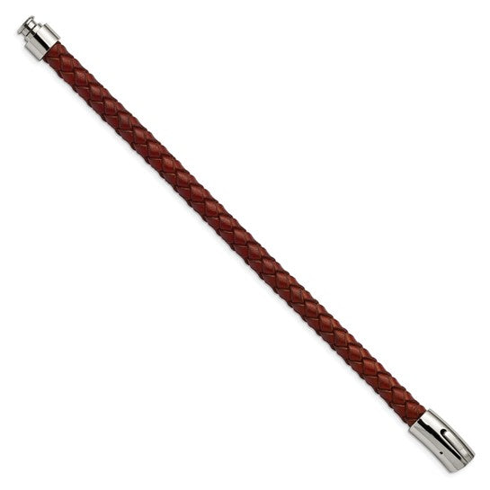 Stainless Steel Polished Brown Woven Leather Men's Bracelet