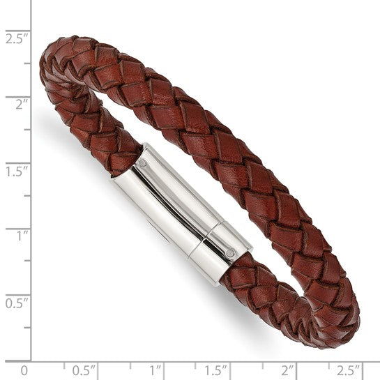 Stainless Steel Polished Brown Woven Leather Men's Bracelet