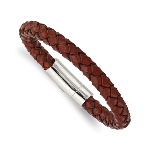 Stainless Steel Polished Brown Woven Leather Men's Bracelet