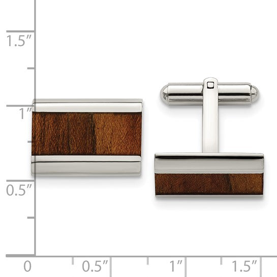 Stainless Steel Polished Koa Wood Inlay Rectangle Cufflinks