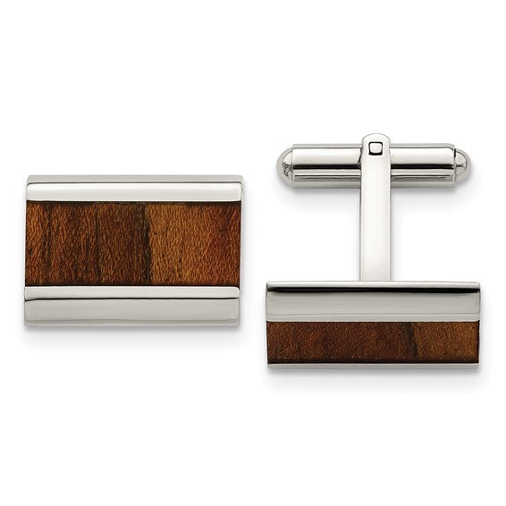 Stainless Steel Polished Koa Wood Inlay Rectangle Cufflinks