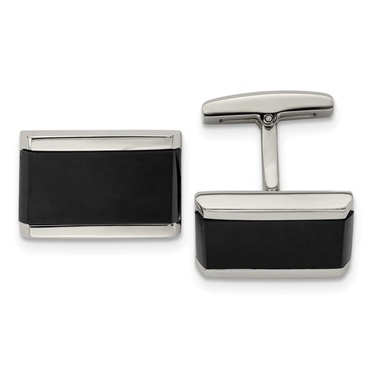 Stainless Steel Polished Black Onyx Inlay Rectangle Cufflinks