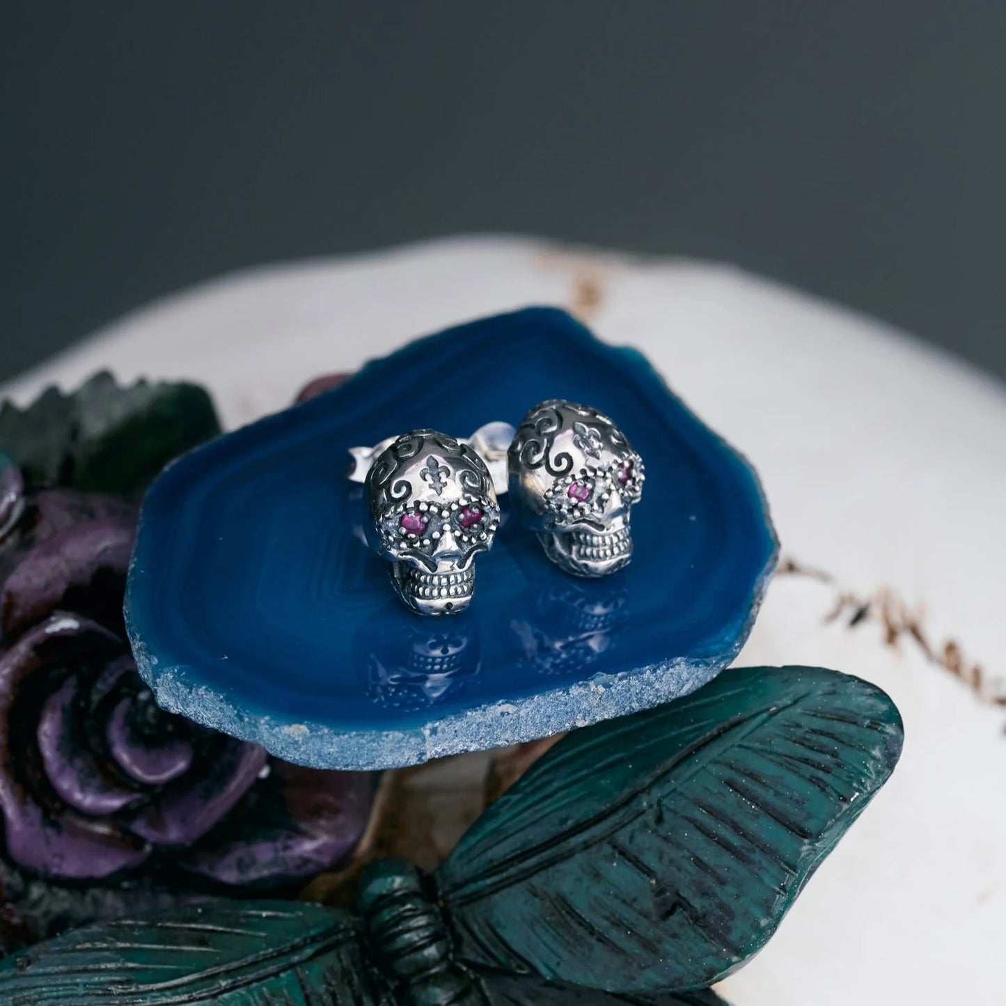 Cristy Cali Sugar Skull Amethyst Earrings