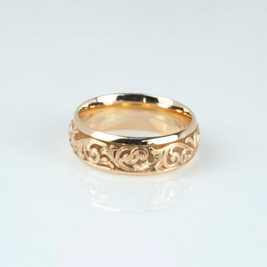 14K Yellow Gold Hand-Carved Gun Scroll Band