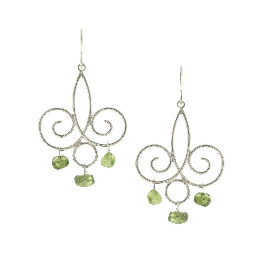 Silver earrings with greenstone drops on a white background