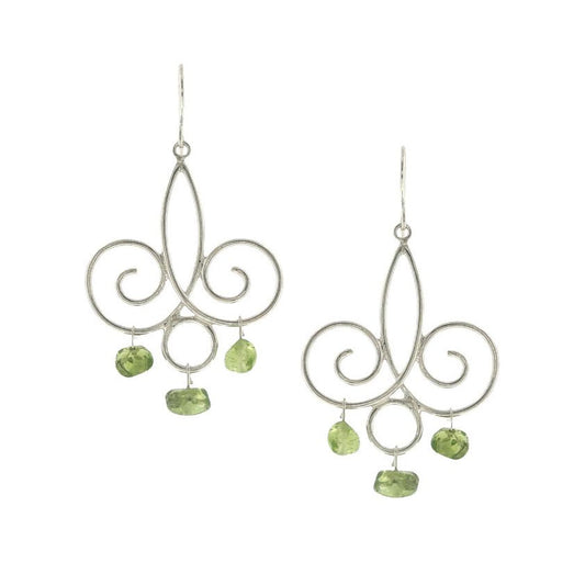 Silver earrings with greenstone drops on a white background