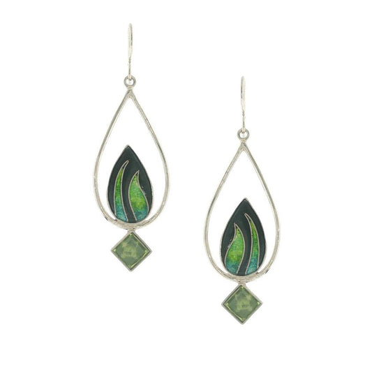 Teardrop-shaped earrings with green leaf design on a white background