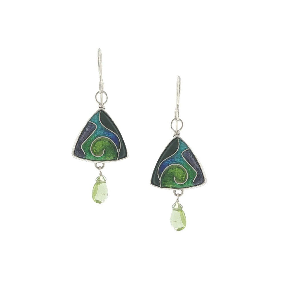 Triangular earrings with green and blue design on a white background