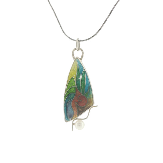 Colorful pendant necklace with a white pearl on a white background