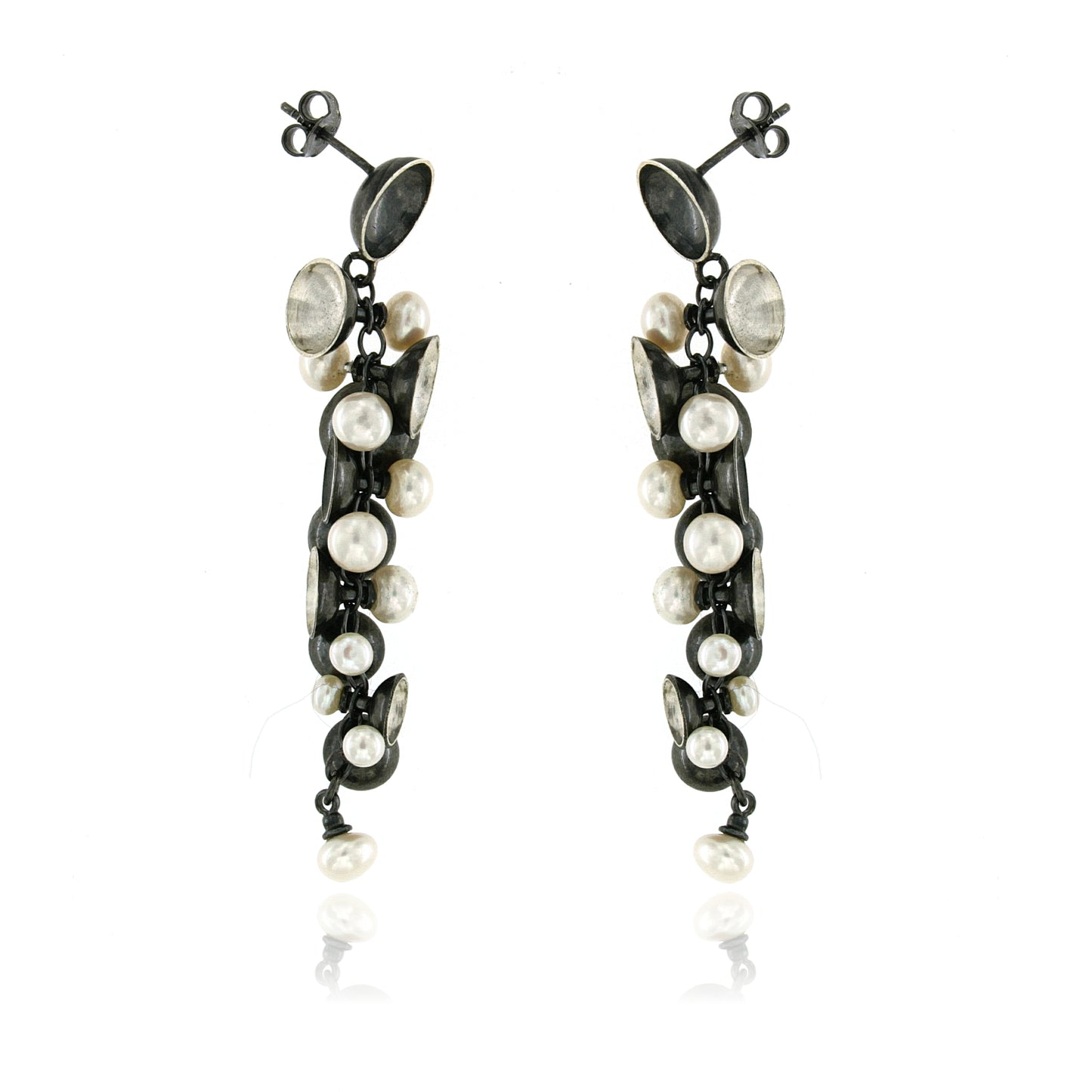 Mysterium Collection Long Oxidized Silver & Pearl Earrings