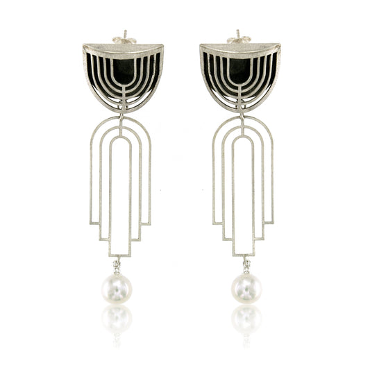 Mysterium Collection Oxidized Silver & Pearl "Art Deco" Earrings