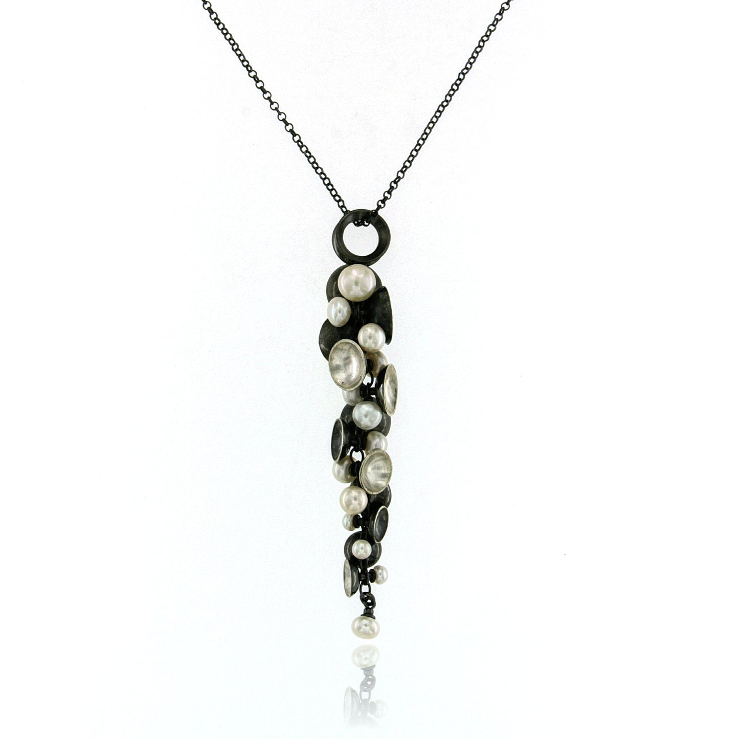 Mysterium Collection Long Oxidized Silver & Pearl Necklace