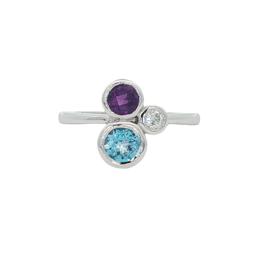 14K White Gold Blue Topaz, Amethyst & Diamond Ring