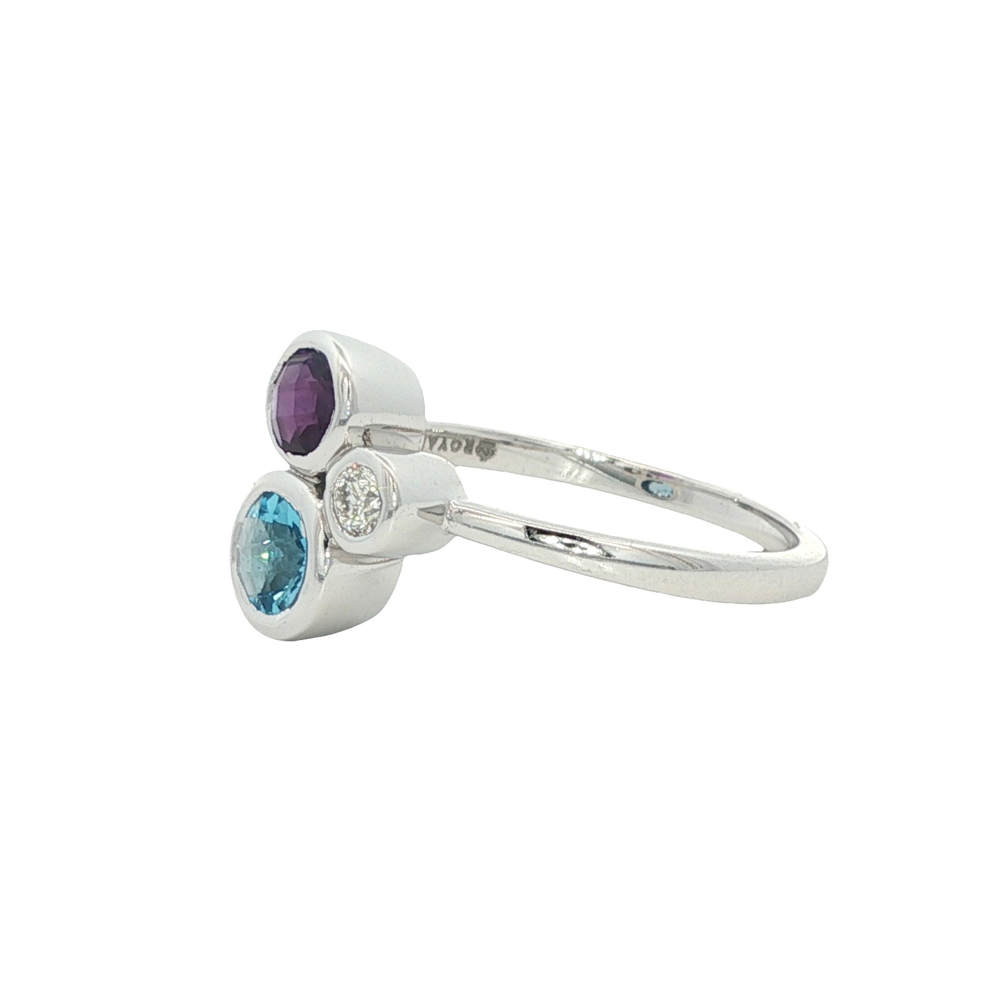 14K White Gold Blue Topaz, Amethyst & Diamond Ring