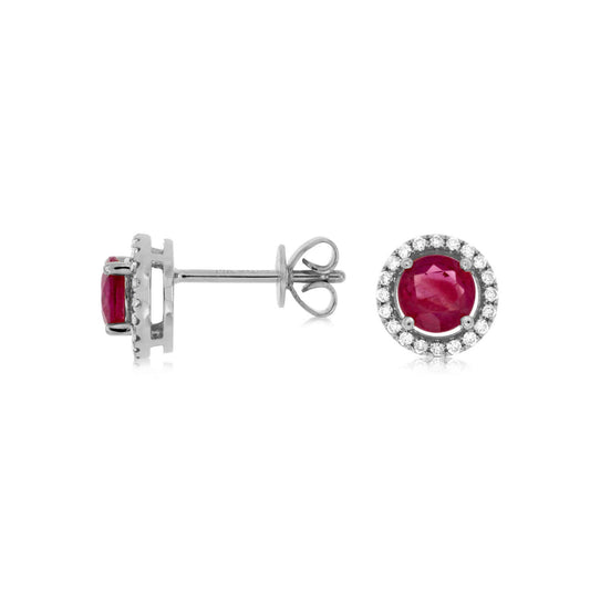 14K White Gold Ruby & Diamond Post Earrings