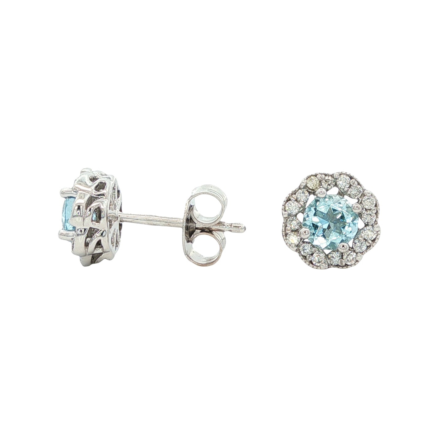 14K White Gold Aquamarine & Diamond Post Earrings