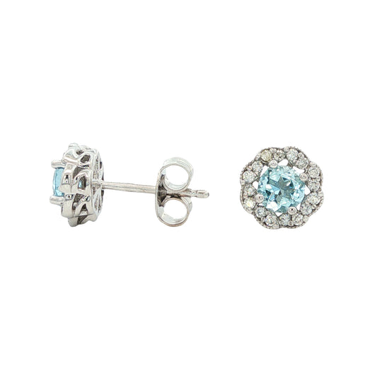 14K White Gold Aquamarine & Diamond Post Earrings