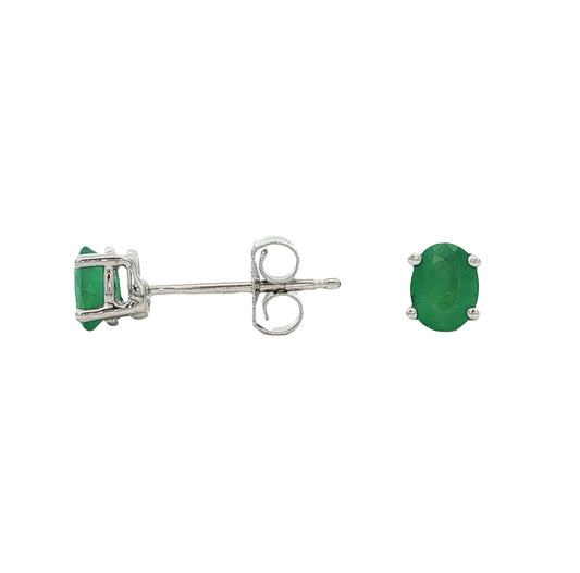 14K White Gold Oval Emerald Post Earrings