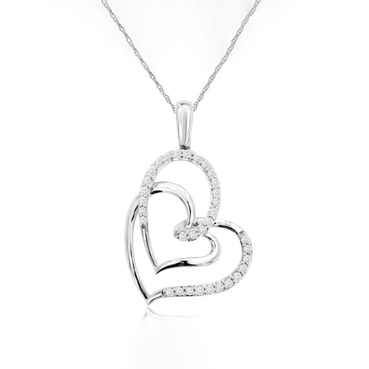14K White Gold Diamond Hearts Pendant