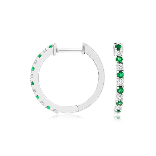 14K White Gold Diamond & Emerald Hoop Earrings