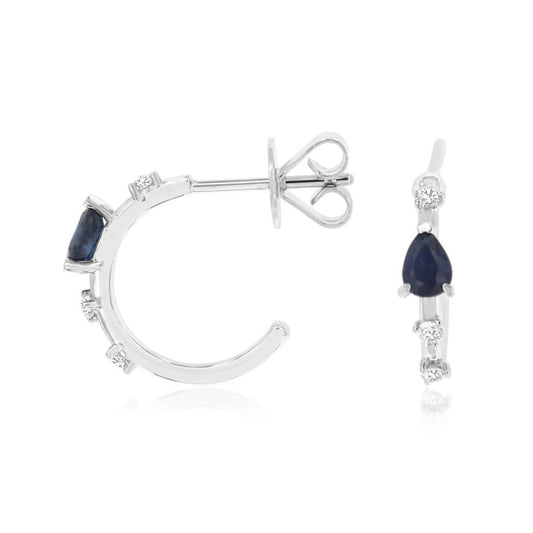 14K White Gold Petite Diamond & Sapphire Hoop Earrings