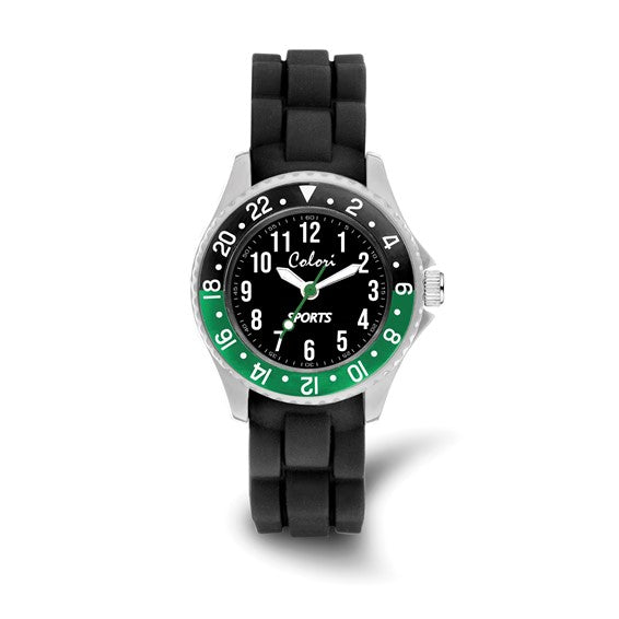 Black watch with green accents on a white background