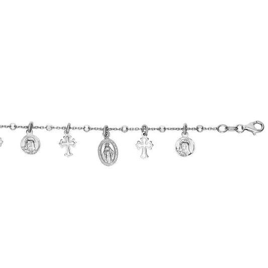 Sterling Silver Cross & Miraculous Medal Dangle Charm Bracelet