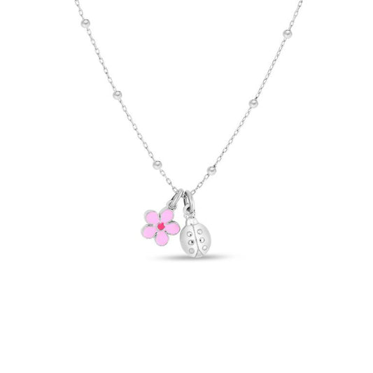 Sterling Silver Petite Enameled Flower & Ladybug Necklace