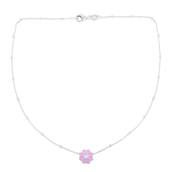 Sterling Silver Petite Enameled Pink Flower Necklace