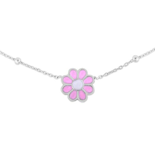 Sterling Silver Petite Enameled Pink Flower Necklace