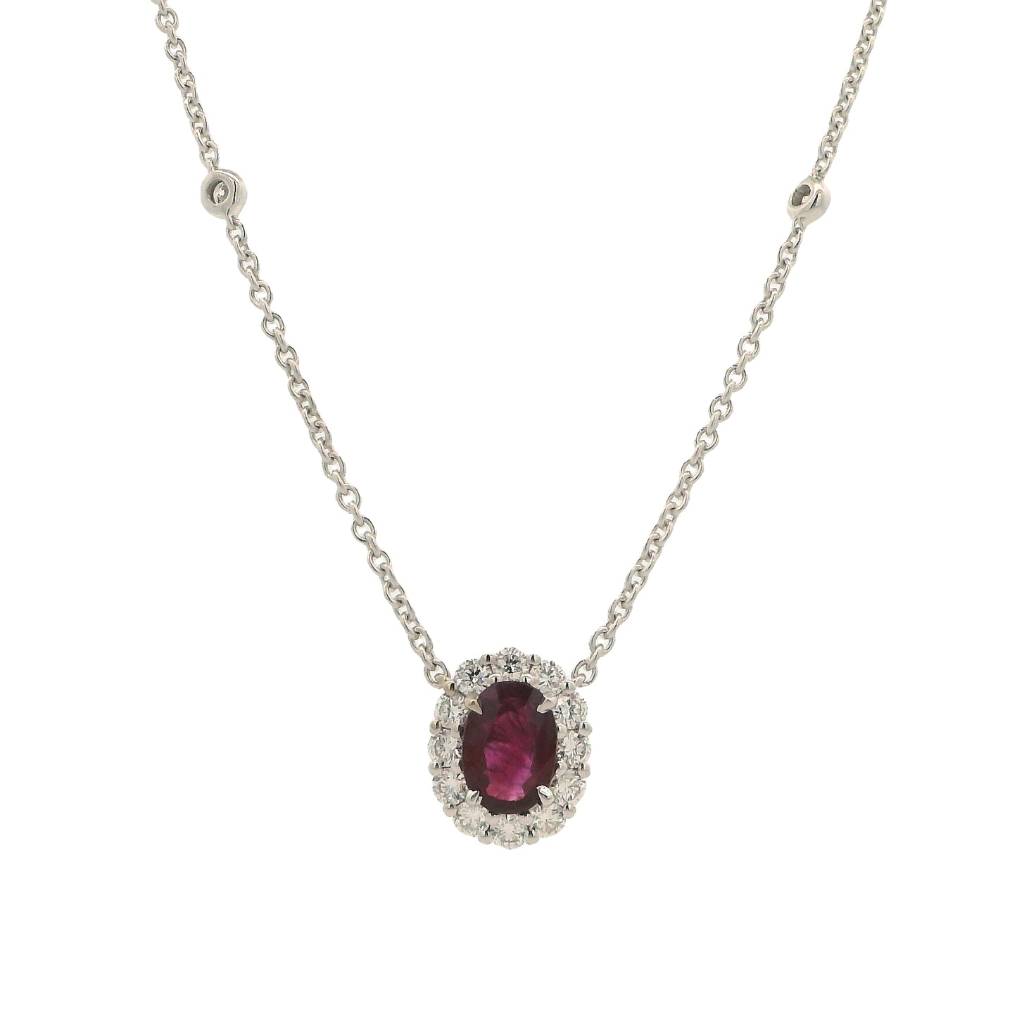 18k White Gold Oval Ruby & Diamond Halo Necklace