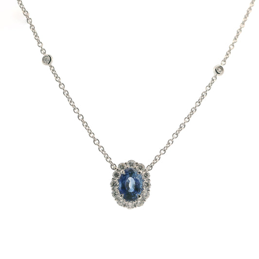 18k White Gold Oval Sapphire & Diamond Halo Necklace