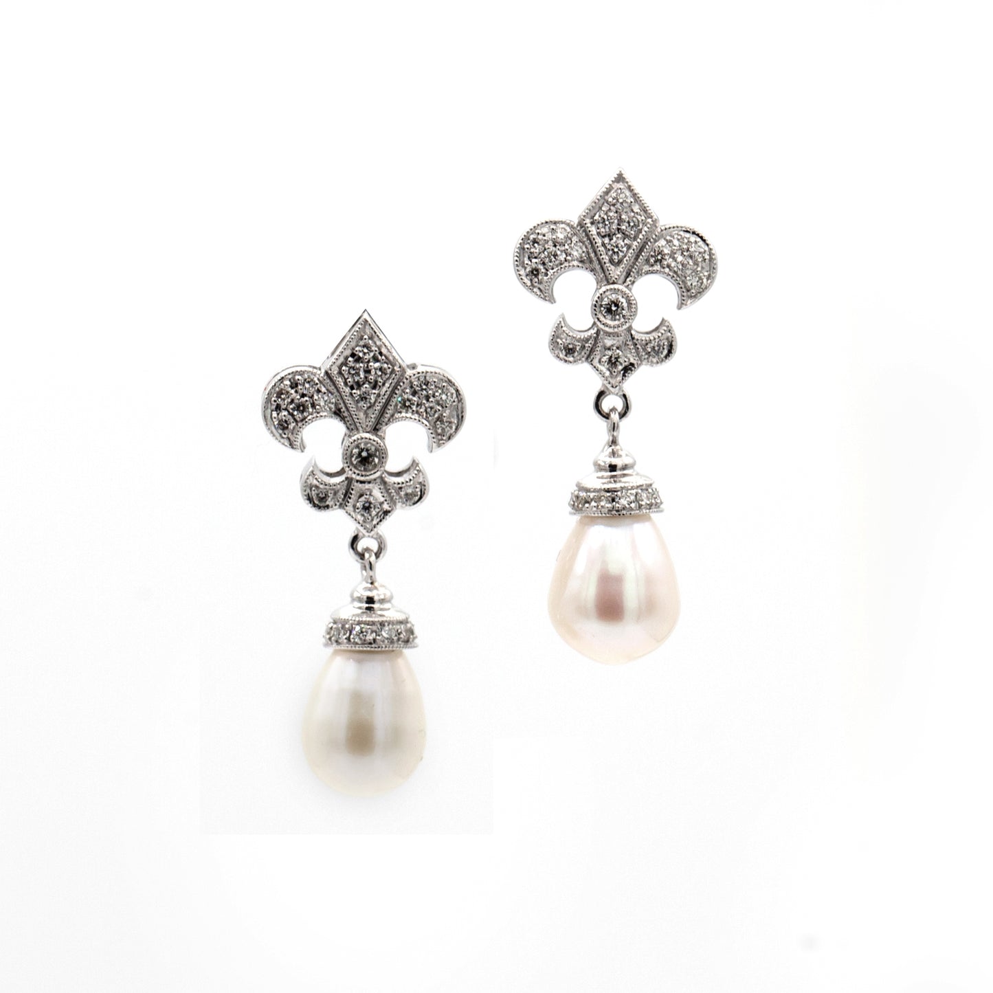 14K White Gold Diamond Fleur de Lis & Pearl Earrings