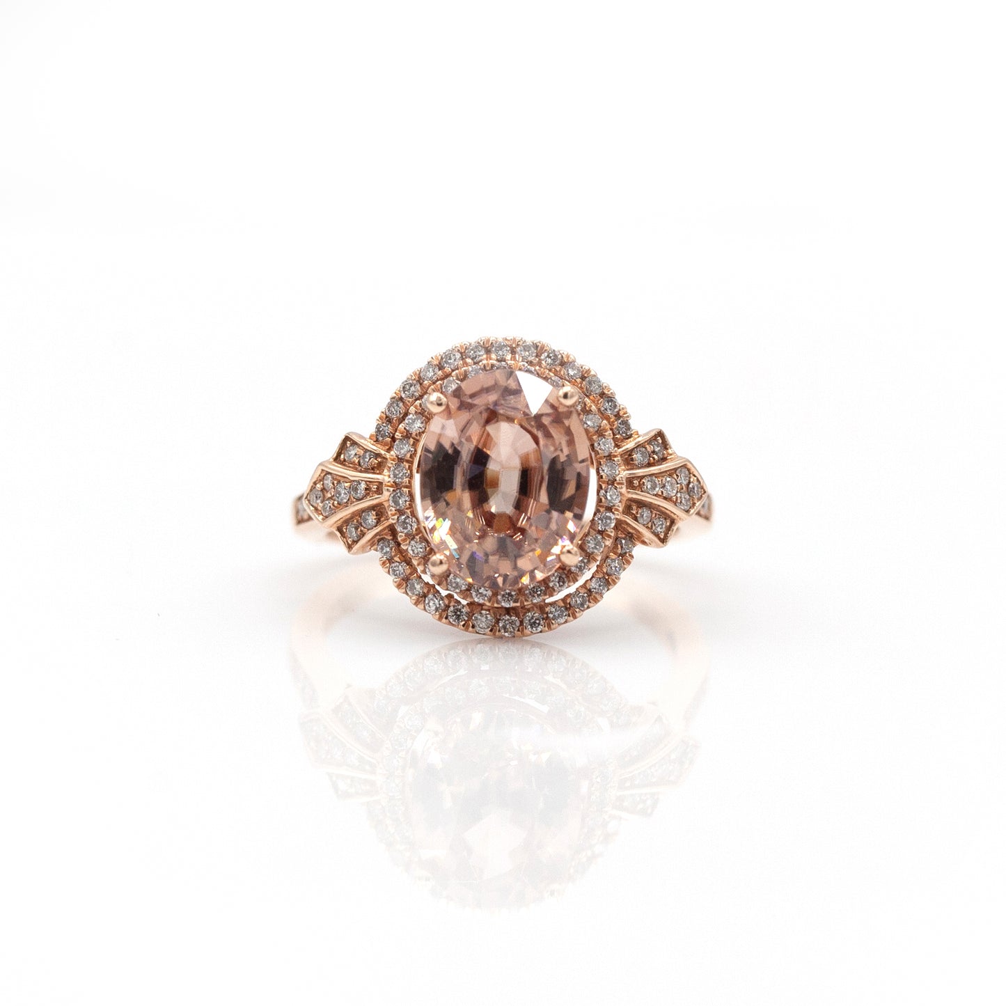 14K Rose Gold Peach Zircon & Diamond Halo Ring